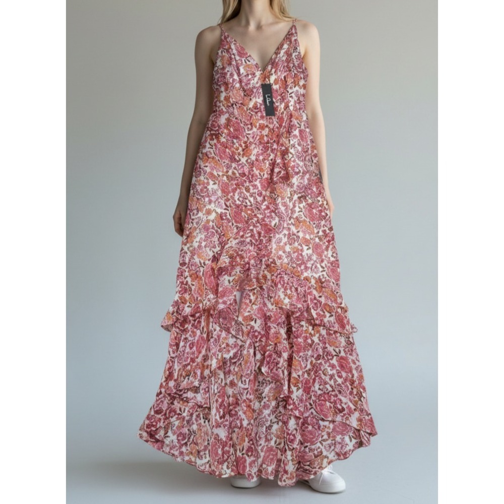 Lulus Maxi Floral Tiered Ruffle Dress Womens M Pink Red Sleeveless